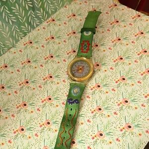 Colorful Embroidered Watch with Green Strap